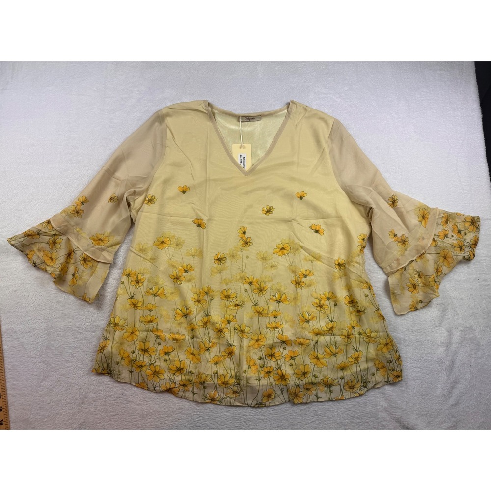 Bebonnie Yellow Floral V-Neck Blouse Tiered Bell Sleeve Mesh Top XL NEW